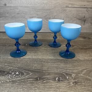 Carlo Moretti Murano Blue & White 4-1/4” Wine Goblet 3 fl oz ~Set Of 4